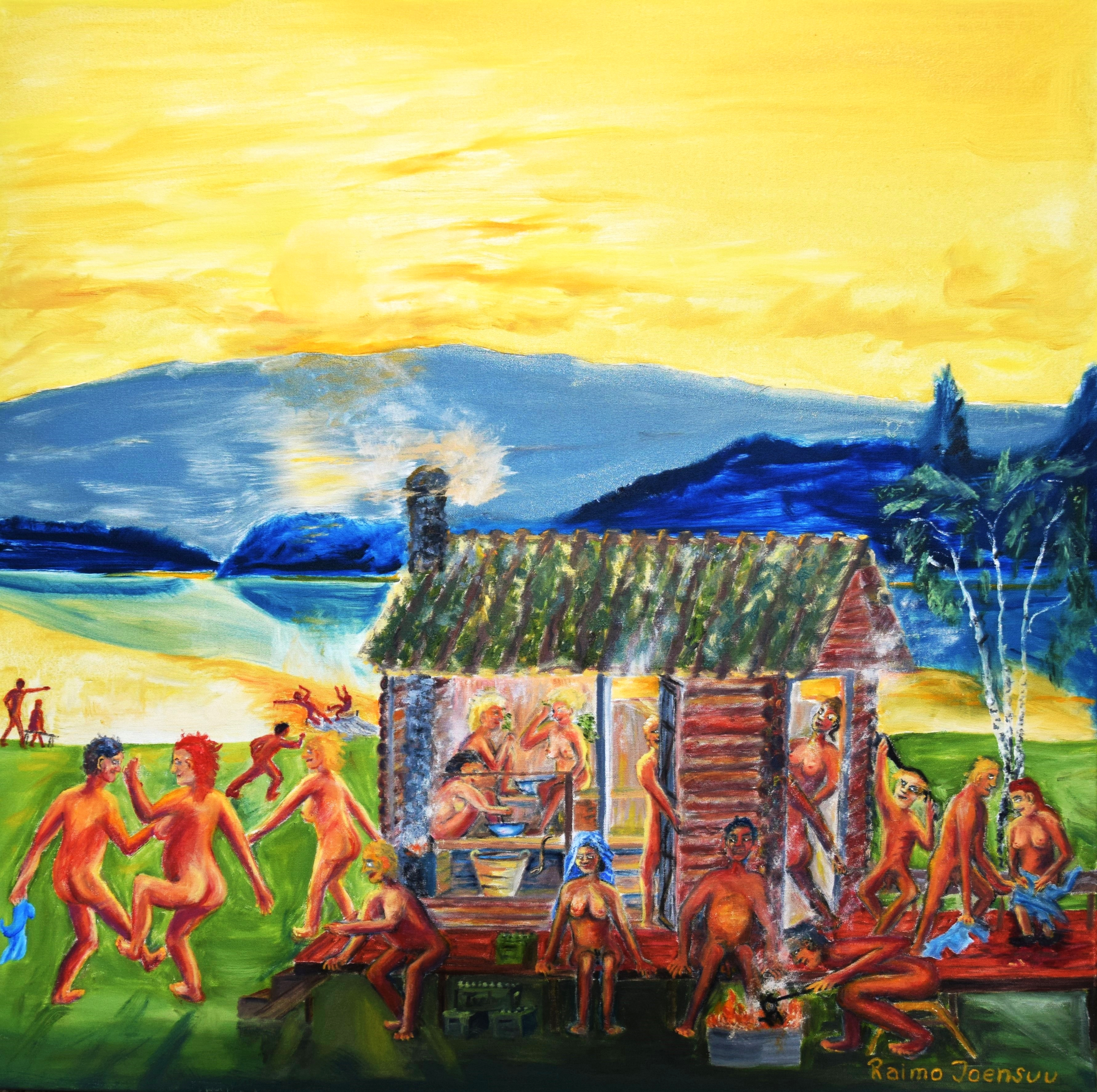 "Bastubad vid Kiemi älv", olja, 80 x 80 cm